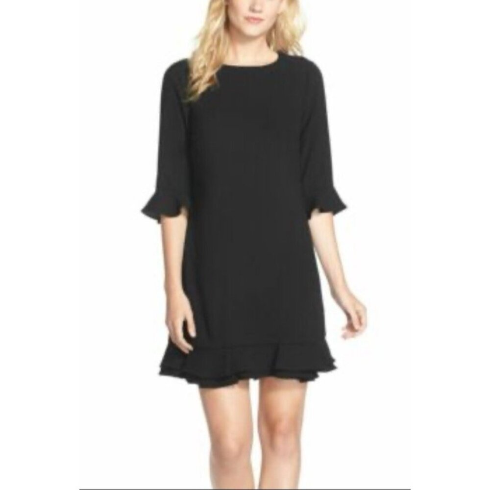 CeCe Shift Dress XS Black Ruffle Short Sleeve Washable Stretch NEW $129